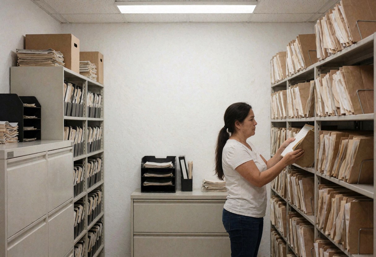 Des dossiers financiers rangés sur des étagères dans un bureau de banque, illustrant l'organisation et le stockage des documents.