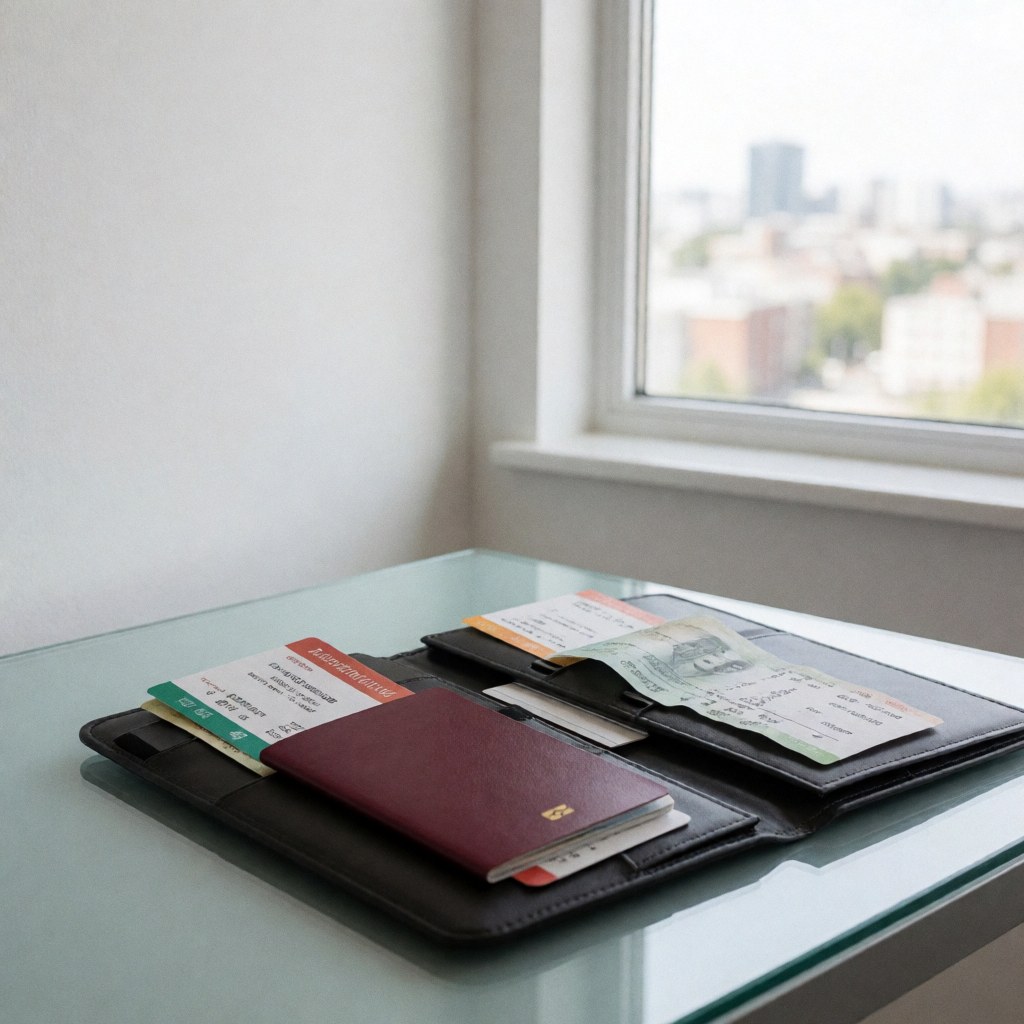Dossier de voyage ouvert contenant passeport, billets et reçus de change posé sur une table en verre avec vue sur la ville par la fenêtre.