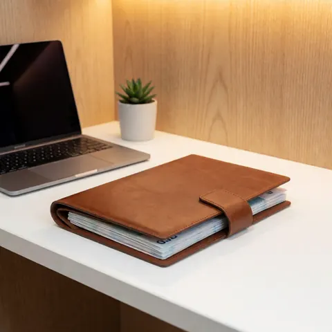 Dossier en cuir contenant des documents confidentiels posé sur un bureau professionnel aux côtés d'un ordinateur portable et de petites plantes succulentes.