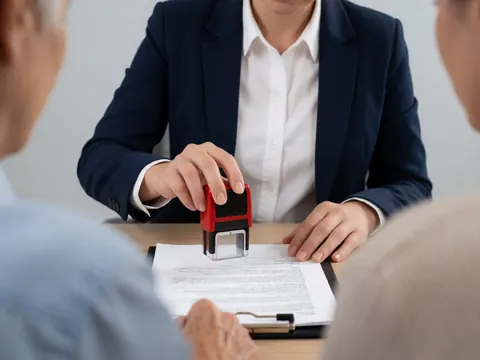 Mains professionnelles d'un agent de voyage utilisant un tampon rouge sur un document dans un bureau, avec une lumière vive et des tons bleu marine, blanc et gris clair.