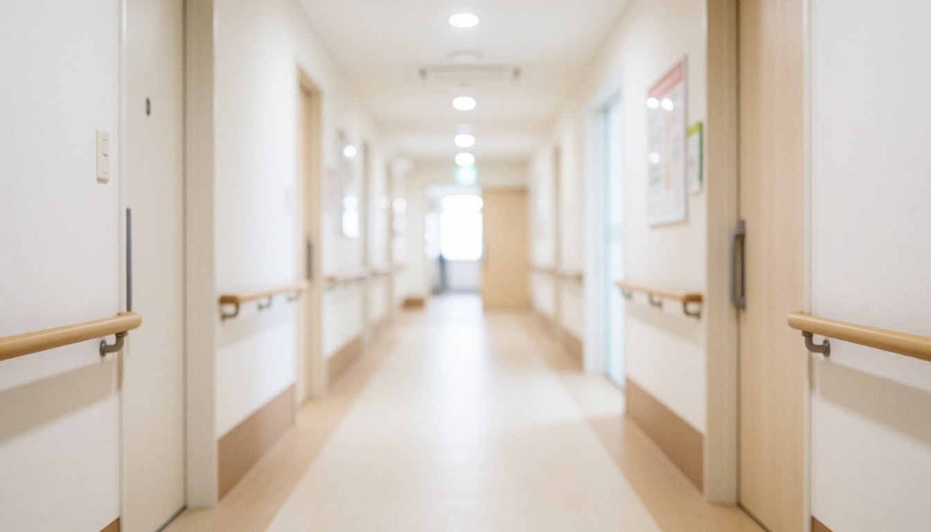 Vue floue d'un couloir lumineux et propre d'une clinique avec des murs blancs et une rampe, évoquant un environnement médical calme et professionnel.