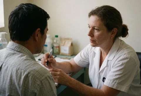 Une docteure en blouse blanche écoute attentivement un patient masculin tout en prenant des notes avec un stylo dans un cabinet médical.