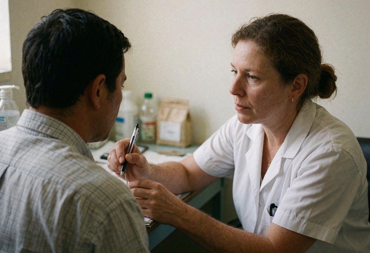 Une docteure en blouse blanche écoute attentivement un patient masculin tout en prenant des notes avec un stylo dans un cabinet médical.