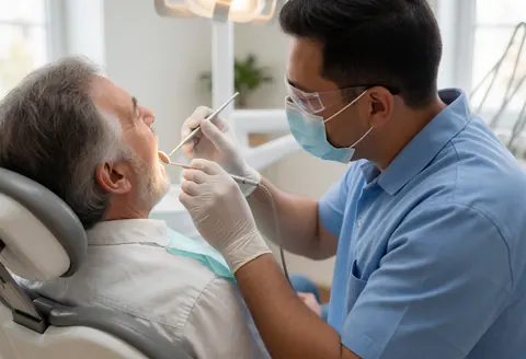 Un dentiste portant masque et gants examine la bouche d'un patient âgé à l'aide d'instruments dentaires dans une clinique moderne.