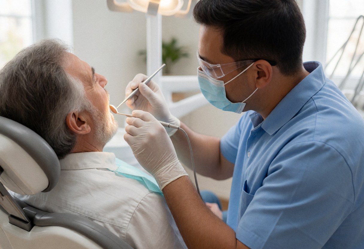 Un dentiste portant masque et gants examine la bouche d'un patient âgé à l'aide d'instruments dentaires dans une clinique moderne.