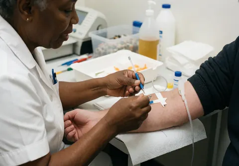 Une infirmière professionnelle effectue une prise de sang sur un patient dans une clinique, avec des instruments médicaux visibles.