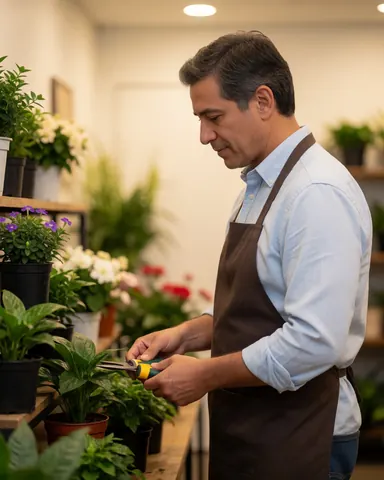 Homme portant un tablier coupe une plante avec des ciseaux dans une fleuristerie entourée de pots et de feuillage vert sous une lumière chaude.