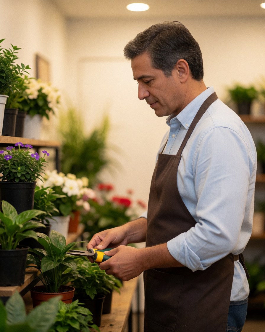 Homme portant un tablier coupe une plante avec des ciseaux dans une fleuristerie entourée de pots et de feuillage vert sous une lumière chaude.