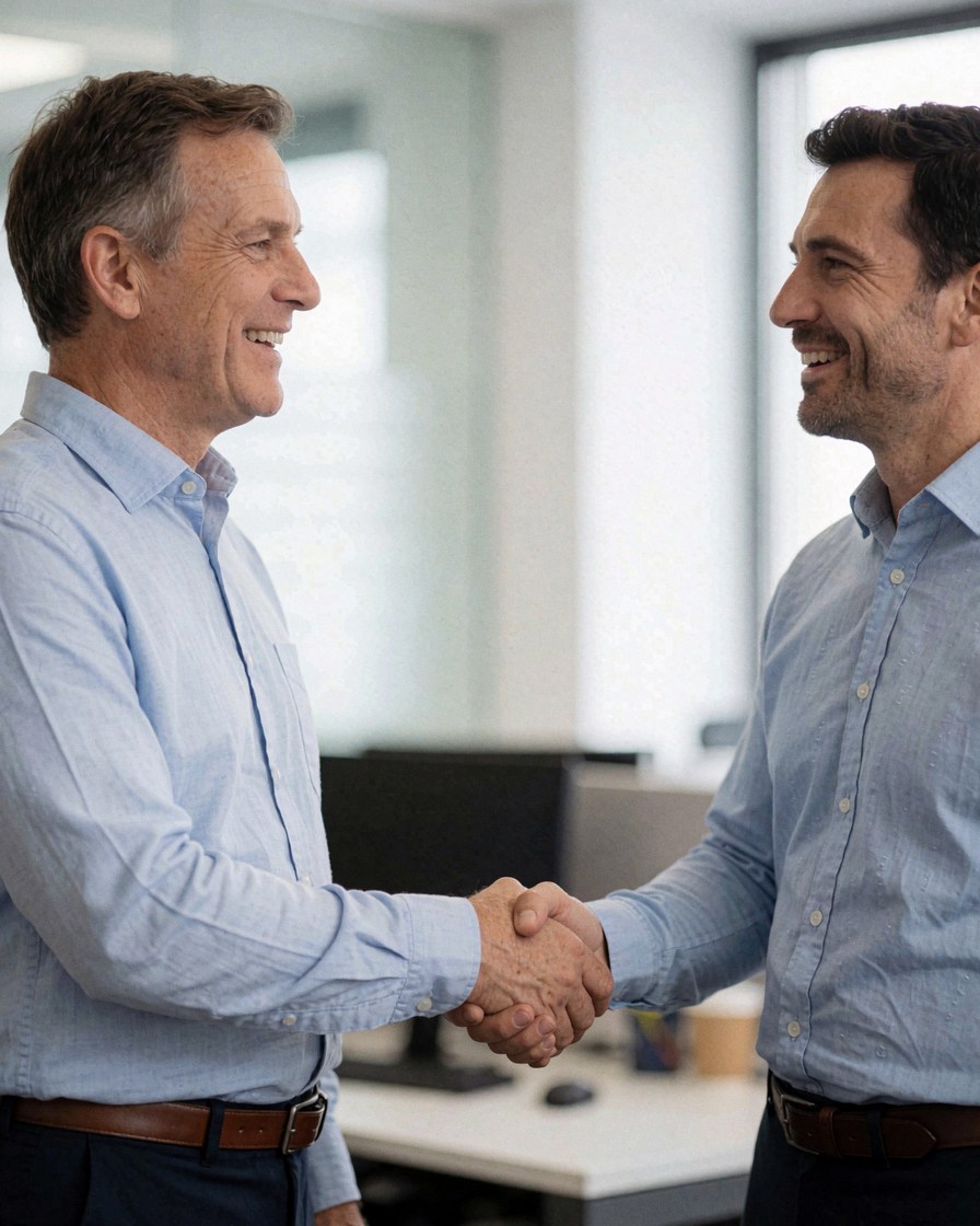 Un client souriant serre la main d'un professionnel dans un bureau moderne avec ordinateur et fenêtre.