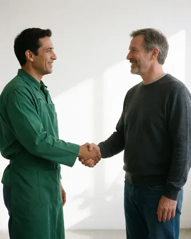 Deux hommes en atelier, l'un en uniforme vert et l'autre en tenue décontractée, échangent une poignée de main avec le sourire dans une ambiance professionnelle.