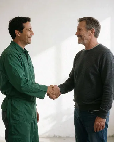 Deux hommes en atelier, l'un en uniforme vert et l'autre en tenue décontractée, échangent une poignée de main avec le sourire dans une ambiance professionnelle.