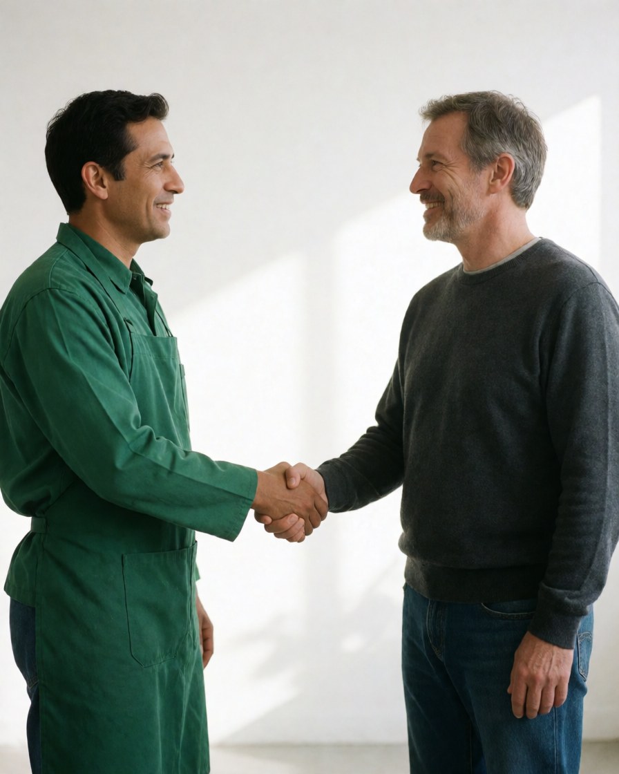 Deux hommes en atelier, l'un en uniforme vert et l'autre en tenue décontractée, échangent une poignée de main avec le sourire dans une ambiance professionnelle.