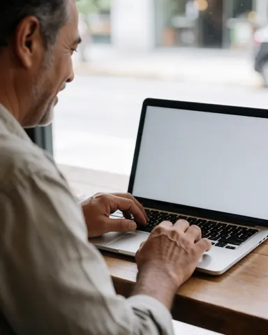 Un homme souriant utilise son ordinateur portable sur une table en bois dans un café, profitant d'une ambiance détendue et lumineuse.