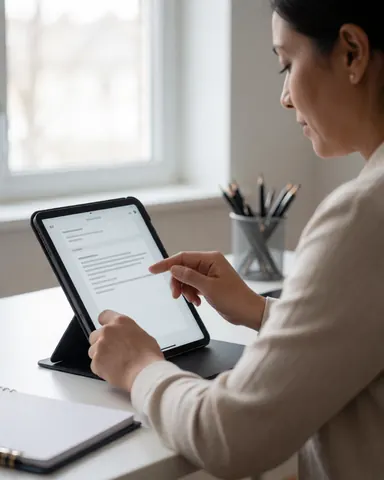Une femme travaille sur une tablette posée sur son bureau à la maison, baignée de lumière naturelle, avec du papier et des stylos, créant une ambiance professionnelle et réaliste.