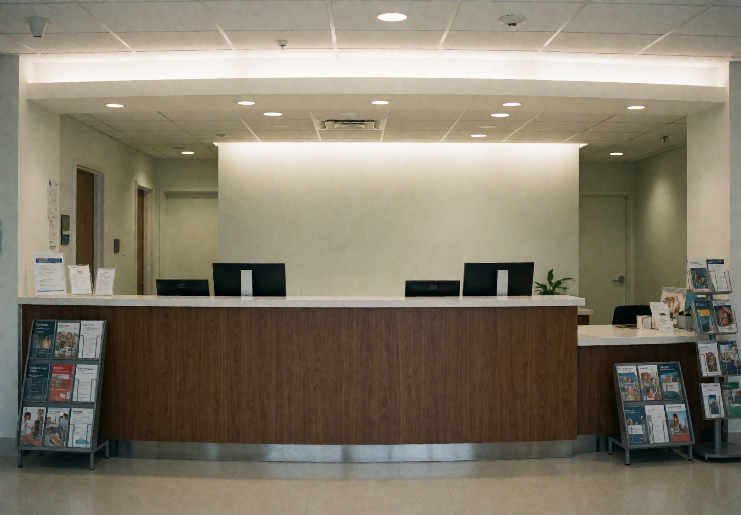 Intérieur d'une clinique médicale moderne montrant un bureau d'accueil en bois, des écrans informatiques, des brochures et une lumière douce. Ambiance professionnelle et propre.