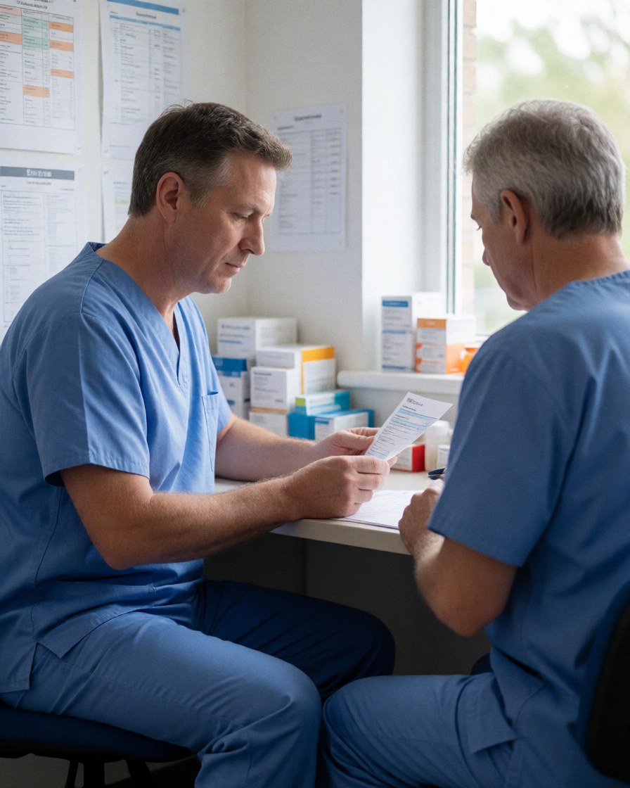Deux professionnels examinant attentivement une prescription médicale dans un environnement de travail organisé avec des documents et du matériel en arrière-plan.