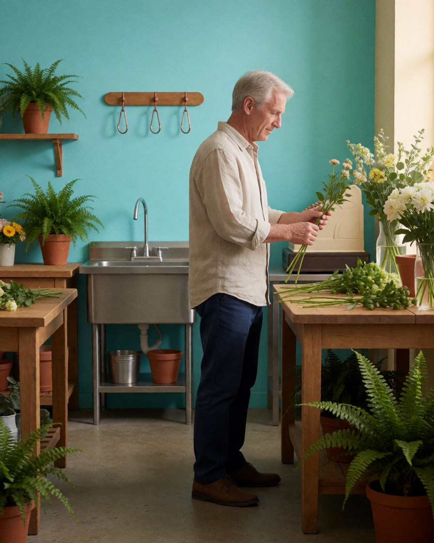 Une main d'expert manipulant des fleurs dans un contexte de travail professionnel en floristerie.