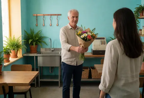 Un homme remet un bouquet à une cliente dans une fleuristerie aux murs turquoise, avec du mobilier en bois et des plantes.