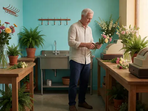 Gros plan sur des tiges de fleurs coupées avec précision, posées sur une table en bois devant un mur turquoise.