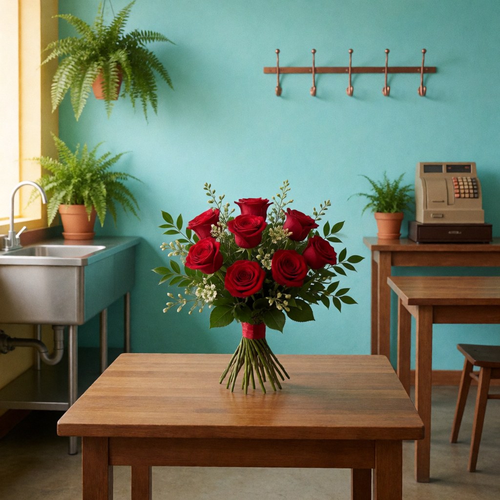 Un bouquet de roses rouges avec du feuillage vert posé sur une table en bois dans une fleuristerie aux murs turquoise, éclairée par la lumière naturelle.