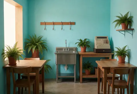 Vue intérieure d'une boutique de fleurs aux murs turquoise, tables en bois, évier inox, plantes vertes et caisse vintage éclairée par la lumière naturelle.