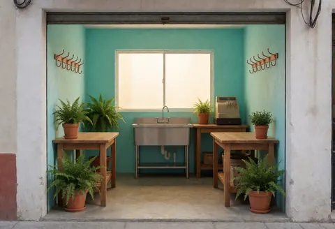 Vue de l'entrée d'un magasin de fleurs présentant des murs turquoise, des tables en bois, un évier en acier inoxydable, des plantes vertes en pot et des crochets en cuivre éclairés par la lumière naturelle.
