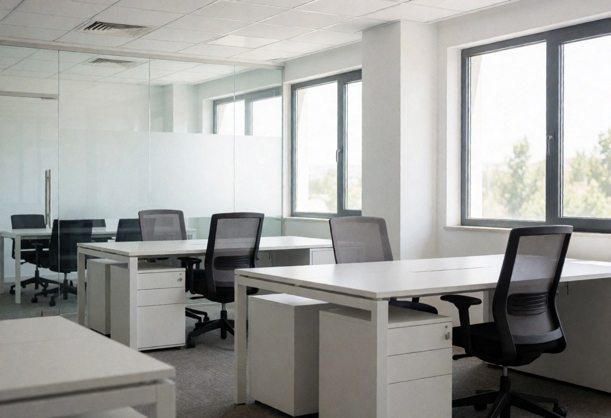 Bureau moderne et épuré avec tables blanches, chaises ergonomiques et grandes fenêtres laissant entrer la lumière naturelle. Idéal pour les entreprises et les accords professionnels.