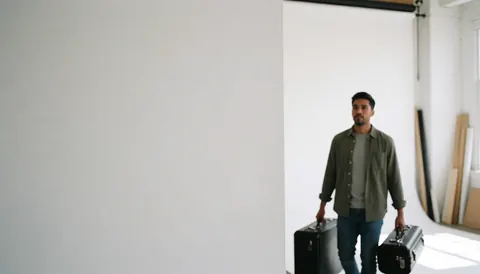 Un photographe professionnel se tient dans un studio aux murs blancs, entouré de ses bagages d'équipement photo, prêt à travailler.
