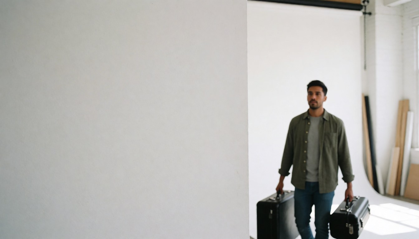 Un photographe professionnel se tient dans un studio aux murs blancs, entouré de ses bagages d'équipement photo, prêt à travailler.
