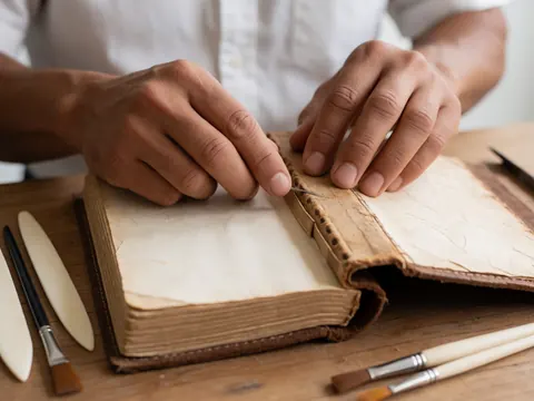 Détail d'une réparation de reliure ancienne sur une table en bois avec des outils et du cuir.