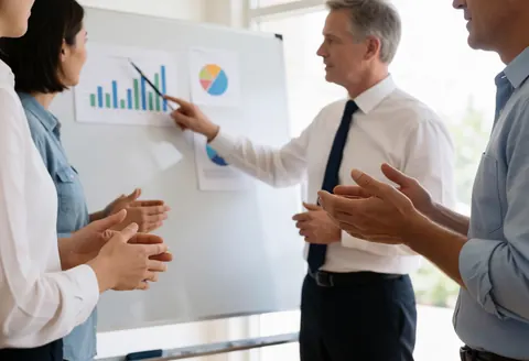 Quatre personnes lors d'une réunion commerciale ; un homme montre des graphiques sur un tableau blanc tandis que trois autres écoutent attentivement dans un environnement professionnel éclairé par la lumière naturelle.