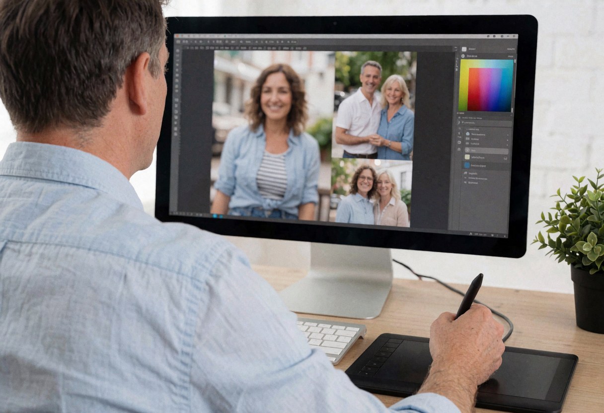 Photographe professionnel travaillant sur un ordinateur avec une tablette, retouchant des photos de clients dans un studio lumineux avec une plante sur le bureau.