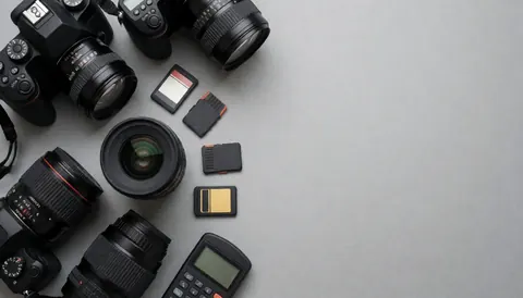 Vue de dessus d'un ensemble d'équipement photo professionnel incluant un boîtier, un objectif, une carte mémoire et un light meter sur fond uni, laissant un espace vide pour ajouter du texte ou du contenu promotionnel.