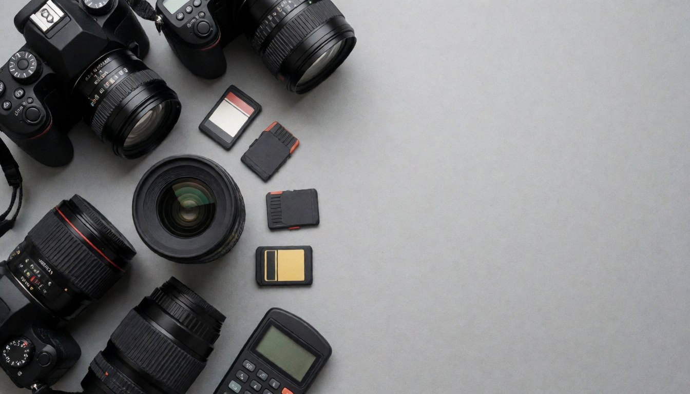 Vue de dessus d'un ensemble d'équipement photo professionnel incluant un boîtier, un objectif, une carte mémoire et un light meter sur fond uni, laissant un espace vide pour ajouter du texte ou du contenu promotionnel.