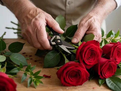 Des mains habiles taillent et disposent des roses rouges avec des ciseaux sur une surface en bois, mettant en valeur le travail artisanal et les détails floraux.