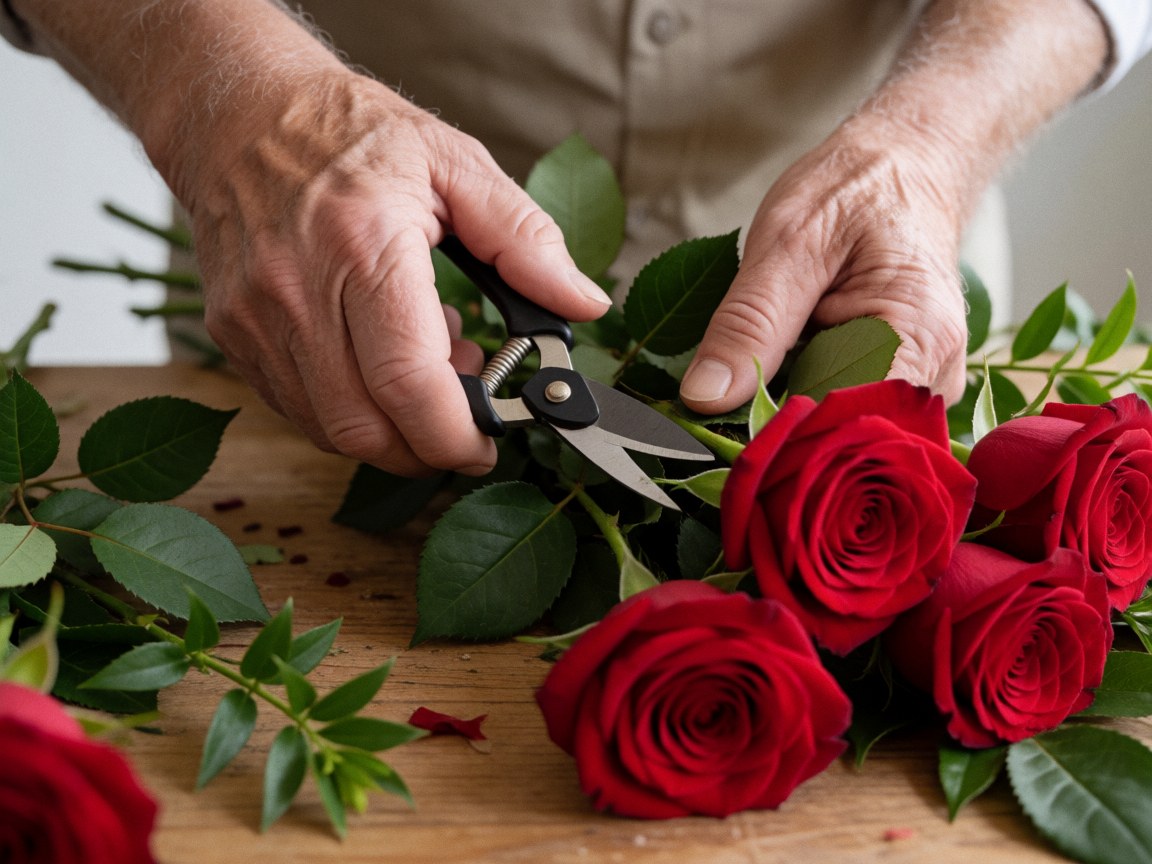 Des mains habiles taillent et disposent des roses rouges avec des ciseaux sur une surface en bois, mettant en valeur le travail artisanal et les détails floraux.