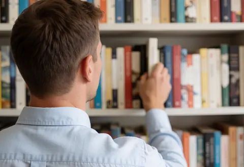 Un homme de dos cherche un livre sur une étagère remplie de livres, avec une lumière naturelle, dans une ambiance calme et professionnelle.