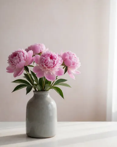 Des pivoines blanches disposées dans un vase en céramique posé sur une table, baignées de lumière naturelle.