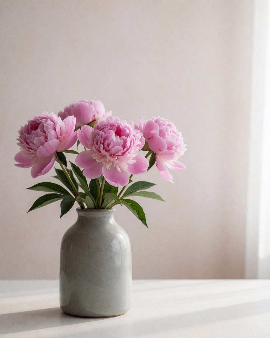 Des pivoines blanches disposées dans un vase en céramique posé sur une table, baignées de lumière naturelle.