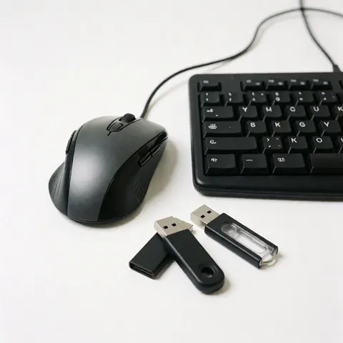 Souris, clavier et deux disques USB noirs posés sur une surface blanche propre, éclairage professionnel pour support technique ou vente d'accessoires.