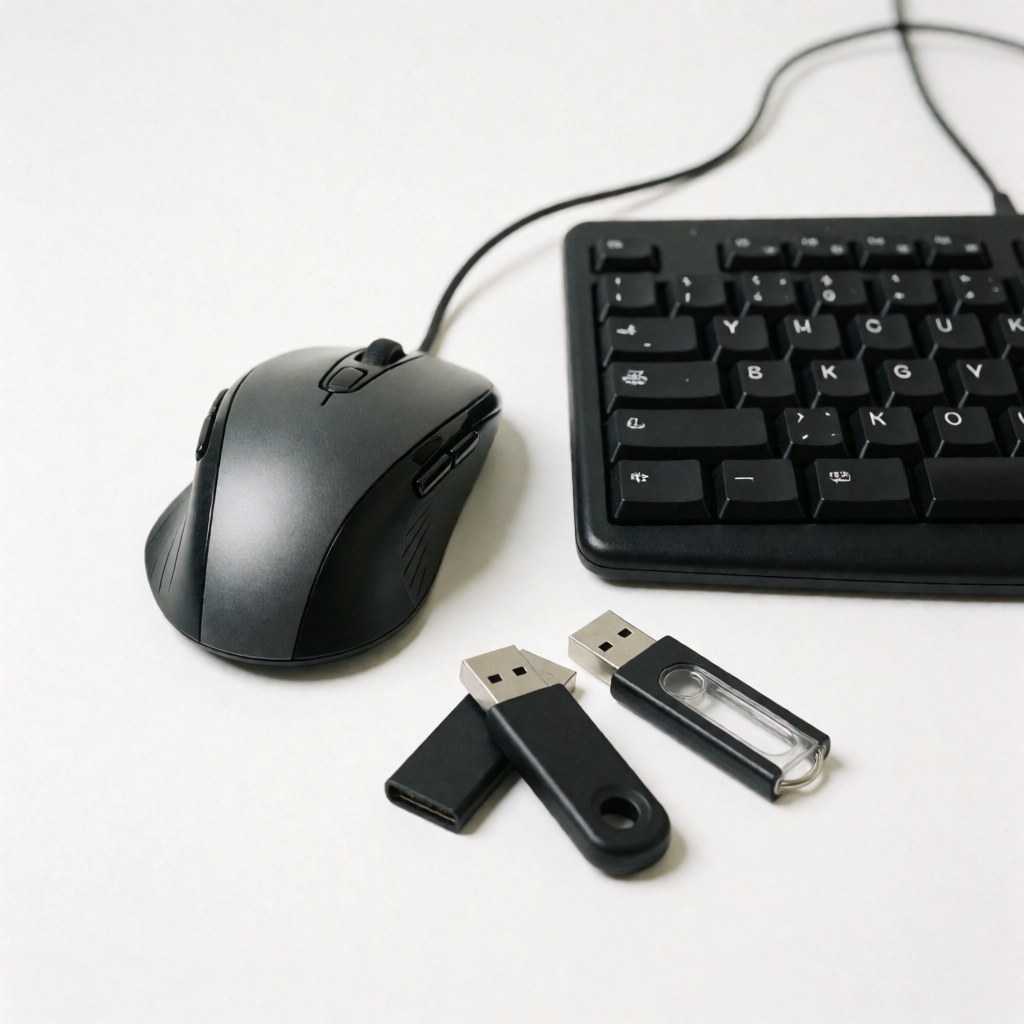 Souris, clavier et deux disques USB noirs posés sur une surface blanche propre, éclairage professionnel pour support technique ou vente d'accessoires.