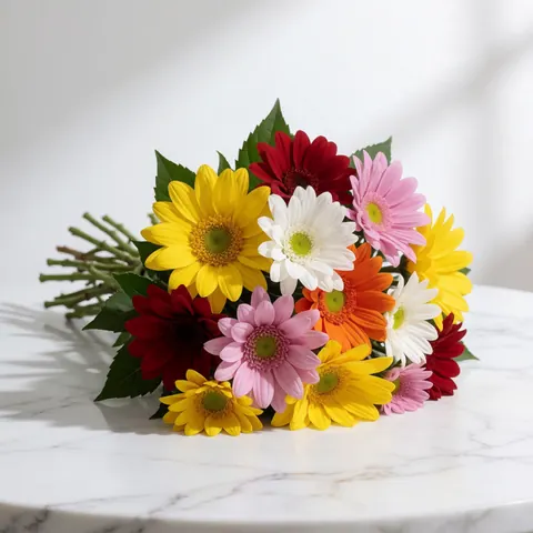 Un bouquet coloré de gerberas disposé sur une surface en marbre blanc, mettant en valeur des fleurs fraîches pour un usage commercial.