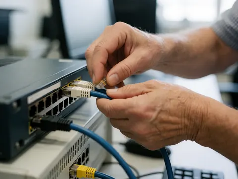 Prise de vue rapprochée montrant des mains connectant un câble ethernet à un commutateur réseau dans un environnement professionnel.