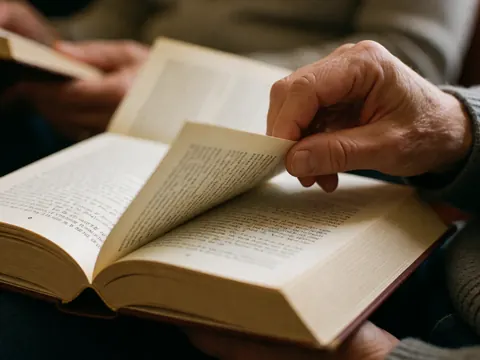 Une main adulte tourne la page d'un livre ouvert. Le texte est visible sur un papier texturé sous une lumière chaude, évoquant une ambiance de lecture en librairie.