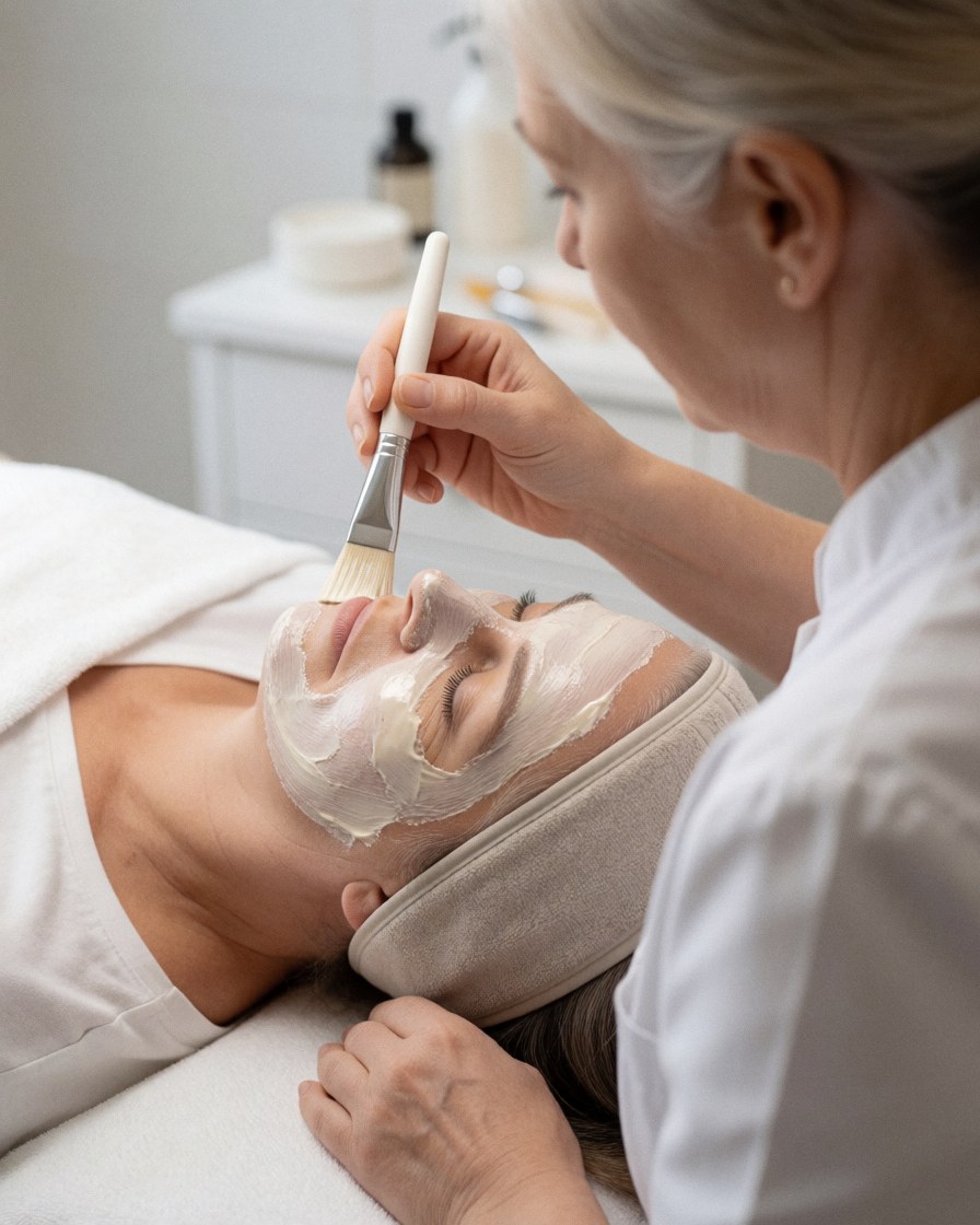 Une esthéticienne applique délicatement un masque facial sur le visage d'une cliente allongée sur une table de soin dans un espace de beauté.