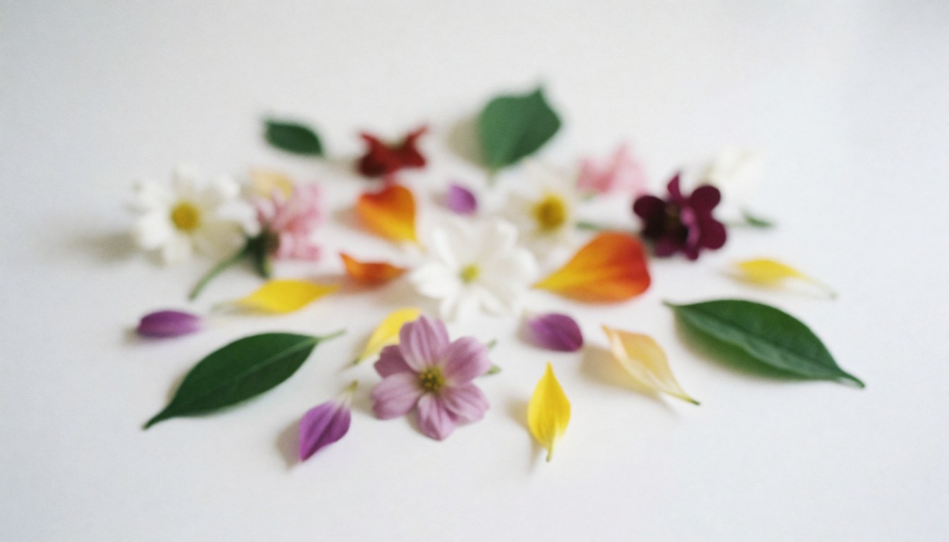 Fond de pétales et feuilles colorées sur surface blanche, idéal pour les textes, la conception web et la publicité florale.