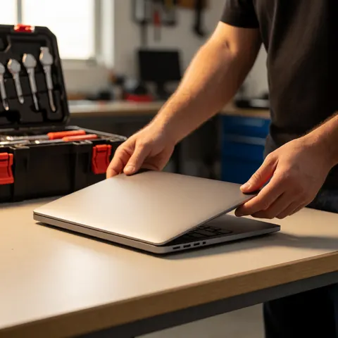 Un ordinateur portable réparé posé sur une table avec des outils de réparation et un éclairage chaleureux, prêt à être livré.
