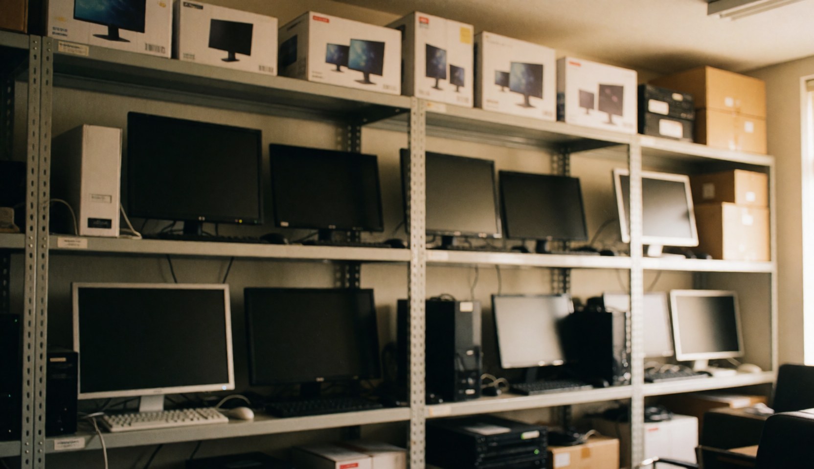 Des étagères contenant des moniteurs, des boîtiers et du matériel informatique pour le stockage technologique en arrière-plan flou avec espace négatif.