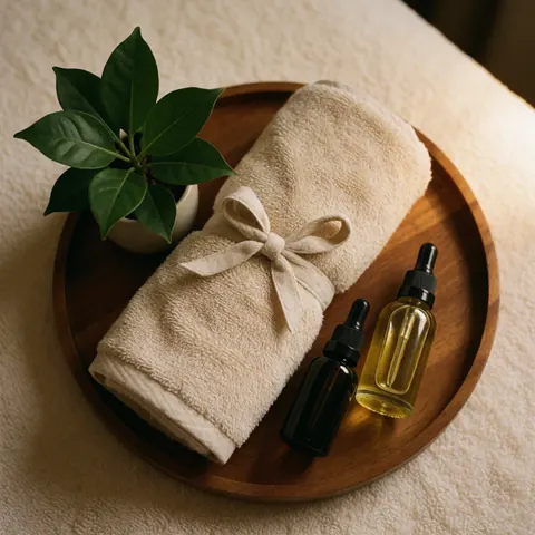 Composition esthétique d'un produit de soin final disposé sur un plateau en bois, accompagné d'une serviette roulée, de petites plantes vertes et de plusieurs flacons d'huiles essentielles pour le bien-être.