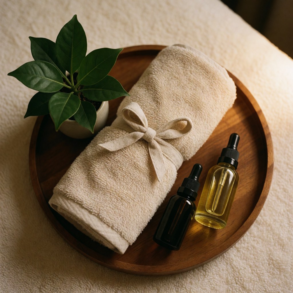 Composition esthétique d'un produit de soin final disposé sur un plateau en bois, accompagné d'une serviette roulée, de petites plantes vertes et de plusieurs flacons d'huiles essentielles pour le bien-être.